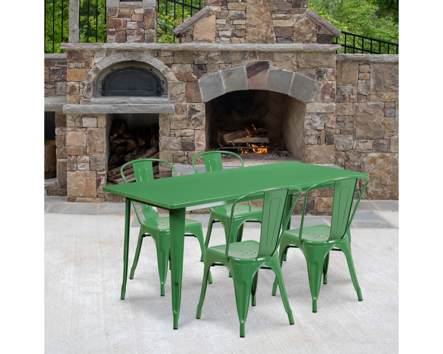 BLNK Darcy Commercial Rectangular Metal Indoor-Outdoor Table Set with 4 Stack Chairs - Green