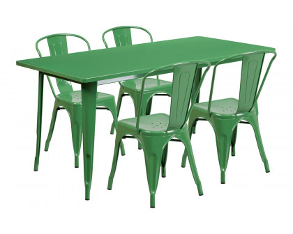 BLNK Darcy Commercial Rectangular Metal Indoor-Outdoor Table Set with 4 Stack Chairs - Green