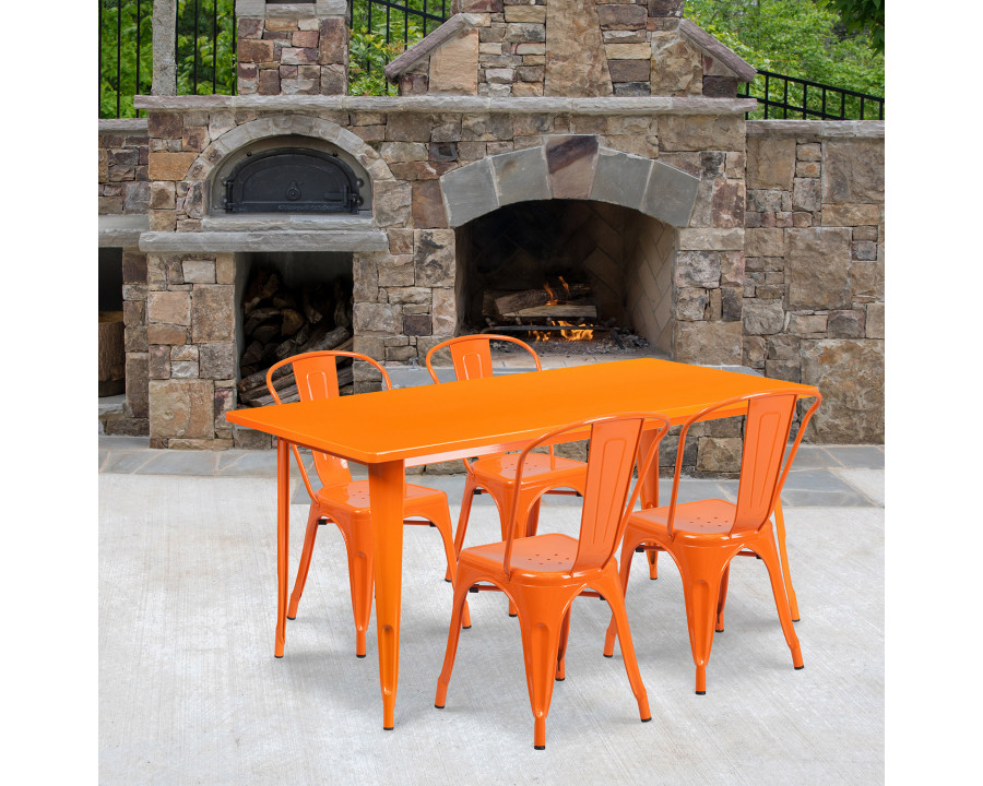 BLNK Darcy Commercial Rectangular Metal Indoor-Outdoor Table Set with 4 Stack Chairs - Orange