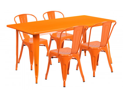 BLNK Darcy Commercial Rectangular Metal Indoor-Outdoor Table Set with 4 Stack Chairs - Orange