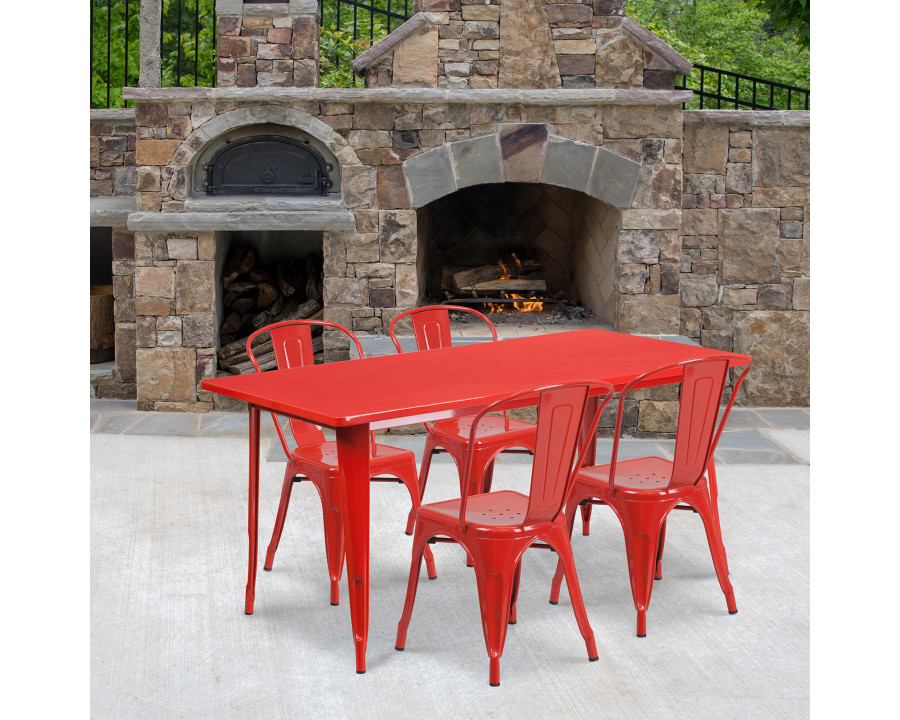 BLNK Darcy Commercial Rectangular Metal Indoor-Outdoor Table Set with 4 Stack Chairs - Red