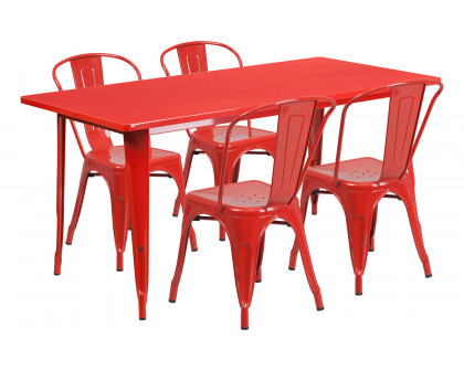 BLNK Darcy Commercial Rectangular Metal Indoor-Outdoor Table Set with 4 Stack Chairs - Red