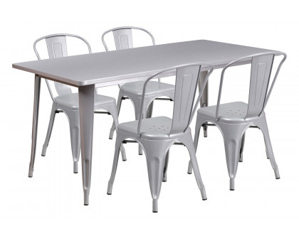 BLNK Darcy Commercial Rectangular Metal Indoor-Outdoor Table Set with 4 Stack Chairs - Silver