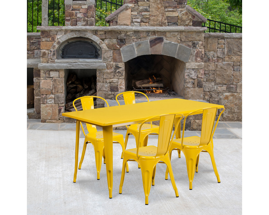 BLNK Darcy Commercial Rectangular Metal Indoor-Outdoor Table Set with 4 Stack Chairs - Yellow