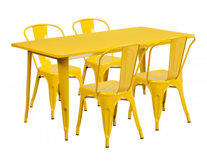 BLNK Darcy Commercial Rectangular Metal Indoor-Outdoor Table Set with 4 Stack Chairs - Yellow