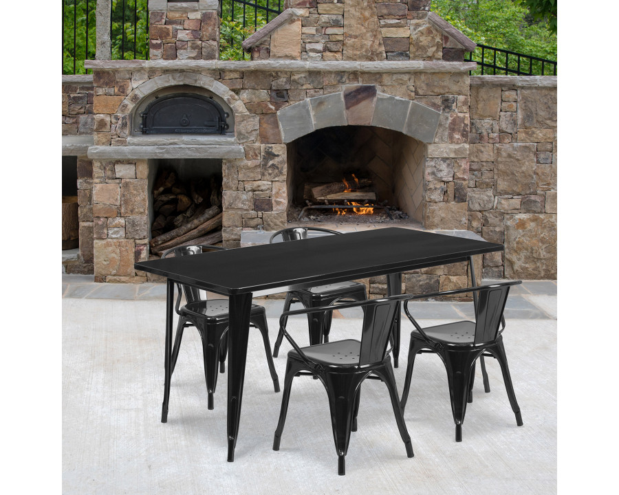 BLNK Fisher Commercial Rectangular Metal Indoor-Outdoor Table Set with 4 Arm Chairs - Black