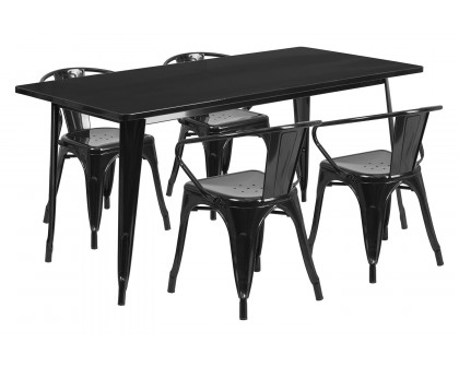 BLNK Fisher Commercial Rectangular Metal Indoor-Outdoor Table Set with 4 Arm Chairs - Black