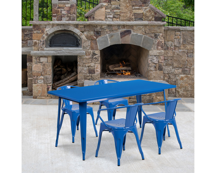 BLNK Fisher Commercial Rectangular Metal Indoor-Outdoor Table Set with 4 Arm Chairs - Blue