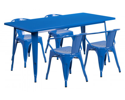 BLNK Fisher Commercial Rectangular Metal Indoor-Outdoor Table Set with 4 Arm Chairs - Blue