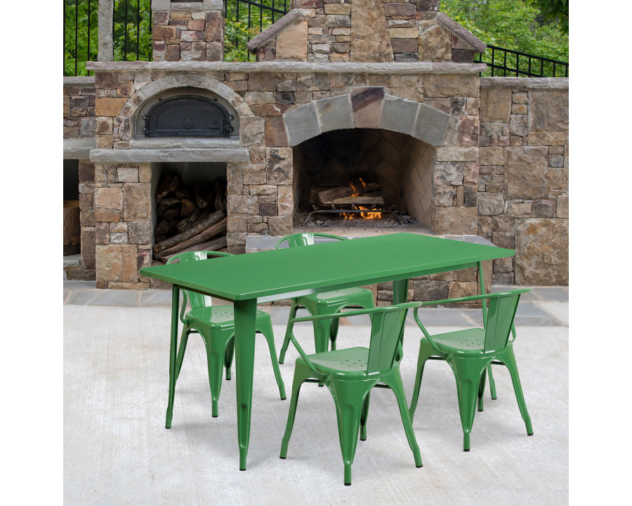 BLNK Fisher Commercial Rectangular Metal Indoor-Outdoor Table Set with 4 Arm Chairs - Green