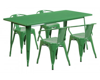 BLNK Fisher Commercial Rectangular Metal Indoor-Outdoor Table Set with 4 Arm Chairs - Green