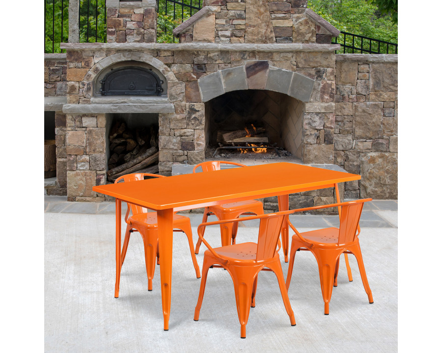 BLNK Fisher Commercial Rectangular Metal Indoor-Outdoor Table Set with 4 Arm Chairs - Orange