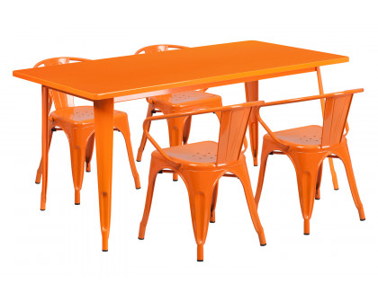 BLNK Fisher Commercial Rectangular Metal Indoor-Outdoor Table Set with 4 Arm Chairs - Orange