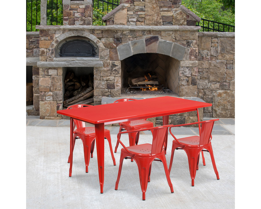 BLNK Fisher Commercial Rectangular Metal Indoor-Outdoor Table Set with 4 Arm Chairs - Red