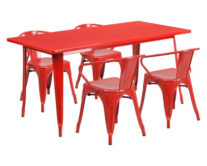 BLNK Fisher Commercial Rectangular Metal Indoor-Outdoor Table Set with 4 Arm Chairs - Red