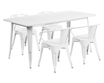 BLNK Fisher Commercial Rectangular Metal Indoor-Outdoor Table Set with 4 Arm Chairs - White