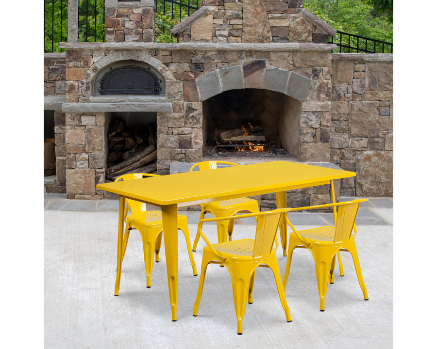 BLNK Fisher Commercial Rectangular Metal Indoor-Outdoor Table Set with 4 Arm Chairs - Yellow