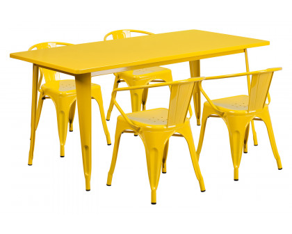 BLNK Fisher Commercial Rectangular Metal Indoor-Outdoor Table Set with 4 Arm Chairs - Yellow