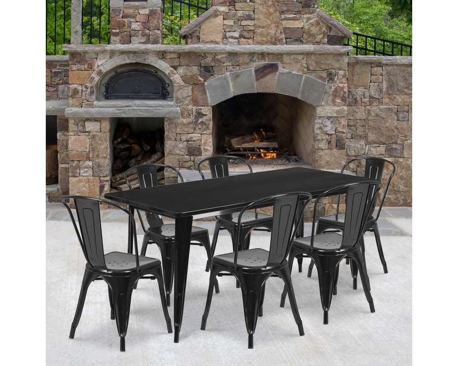 BLNK Gilbert Commercial Rectangular Metal Indoor-Outdoor Table Set with 6 Stack Chairs - Black