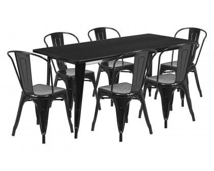 BLNK Gilbert Commercial Rectangular Metal Indoor-Outdoor Table Set with 6 Stack Chairs - Black