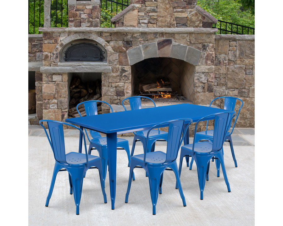 BLNK Gilbert Commercial Rectangular Metal Indoor-Outdoor Table Set with 6 Stack Chairs - Blue