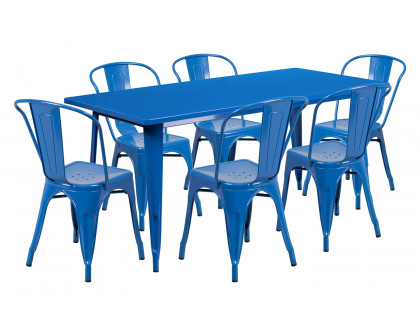 BLNK Gilbert Commercial Rectangular Metal Indoor-Outdoor Table Set with 6 Stack Chairs - Blue