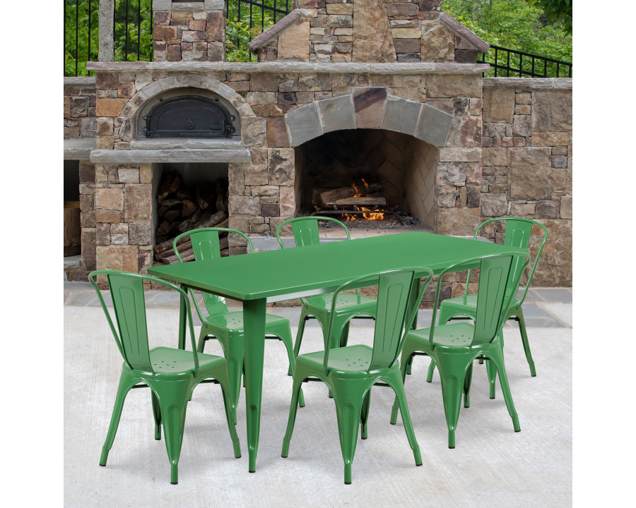 BLNK Gilbert Commercial Rectangular Metal Indoor-Outdoor Table Set with 6 Stack Chairs - Green