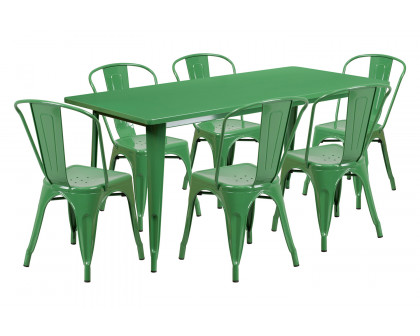 BLNK Gilbert Commercial Rectangular Metal Indoor-Outdoor Table Set with 6 Stack Chairs - Green