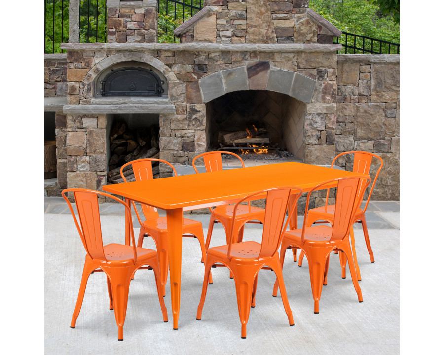 BLNK Gilbert Commercial Rectangular Metal Indoor-Outdoor Table Set with 6 Stack Chairs - Orange