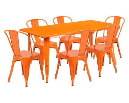 BLNK Gilbert Commercial Rectangular Metal Indoor-Outdoor Table Set with 6 Stack Chairs - Orange