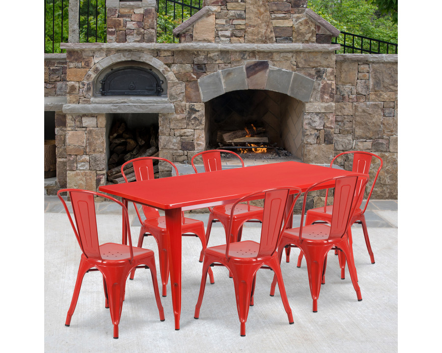 BLNK Gilbert Commercial Rectangular Metal Indoor-Outdoor Table Set with 6 Stack Chairs - Red