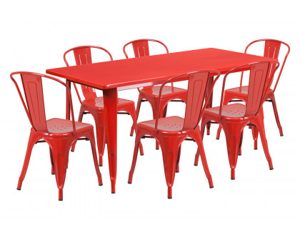 BLNK Gilbert Commercial Rectangular Metal Indoor-Outdoor Table Set with 6 Stack Chairs - Red