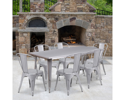 BLNK Gilbert Commercial Rectangular Metal Indoor-Outdoor Table Set with 6 Stack Chairs