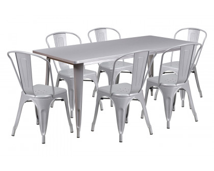 BLNK Gilbert Commercial Rectangular Metal Indoor-Outdoor Table Set with 6 Stack Chairs - Silver