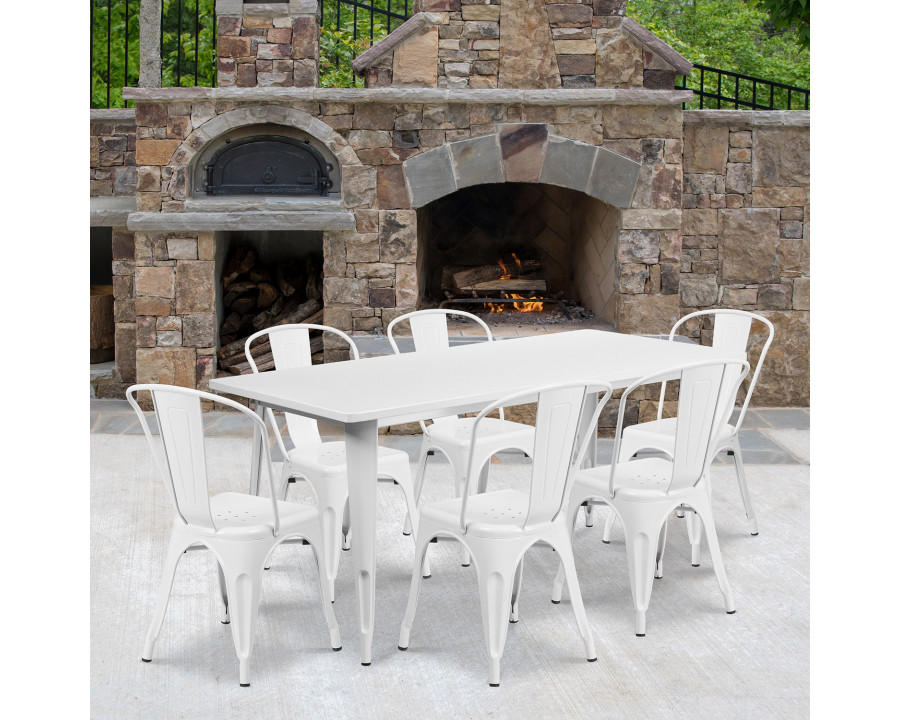 BLNK Gilbert Commercial Rectangular Metal Indoor-Outdoor Table Set with 6 Stack Chairs - White