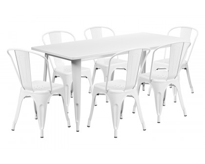 BLNK Gilbert Commercial Rectangular Metal Indoor-Outdoor Table Set with 6 Stack Chairs - White