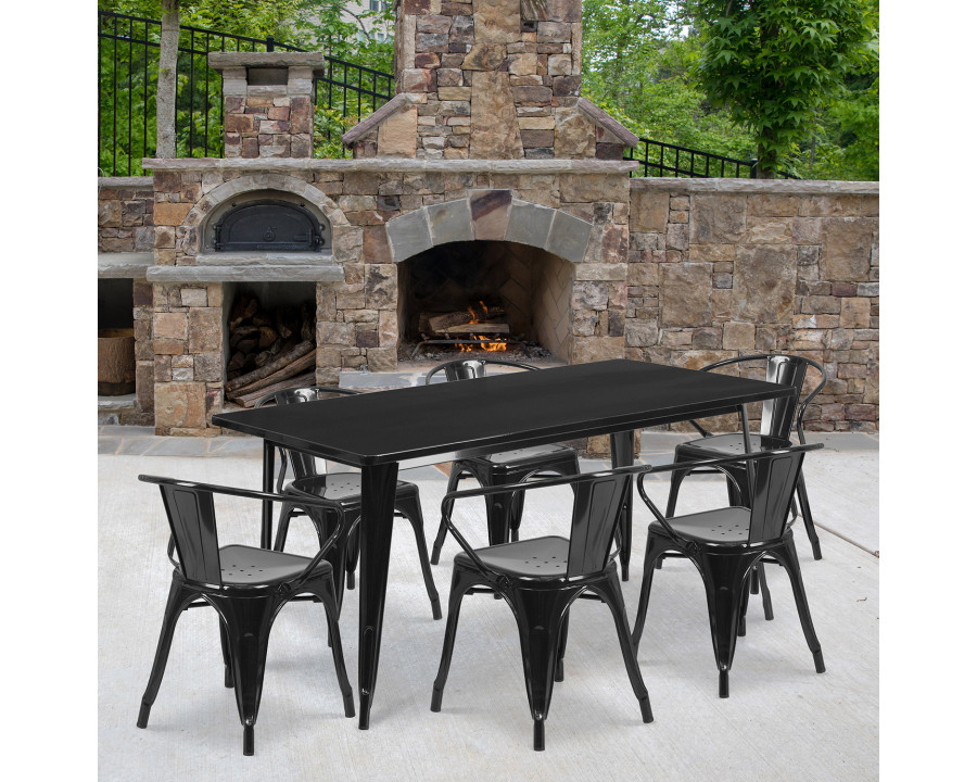 BLNK Oakley Commercial Rectangular Metal Indoor-Outdoor Table Set with 6 Arm Chairs - Black