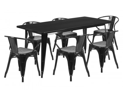 BLNK Oakley Commercial Rectangular Metal Indoor-Outdoor Table Set with 6 Arm Chairs - Black