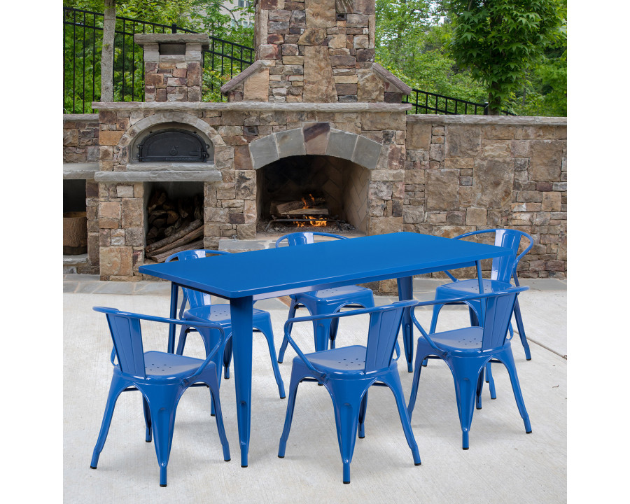 BLNK Oakley Commercial Rectangular Metal Indoor-Outdoor Table Set with 6 Arm Chairs - Blue