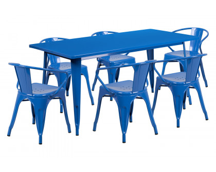 BLNK Oakley Commercial Rectangular Metal Indoor-Outdoor Table Set with 6 Arm Chairs - Blue