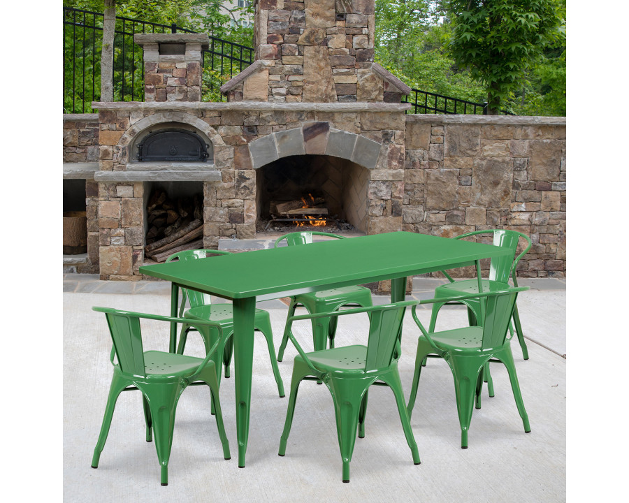 BLNK Oakley Commercial Rectangular Metal Indoor-Outdoor Table Set with 6 Arm Chairs - Green