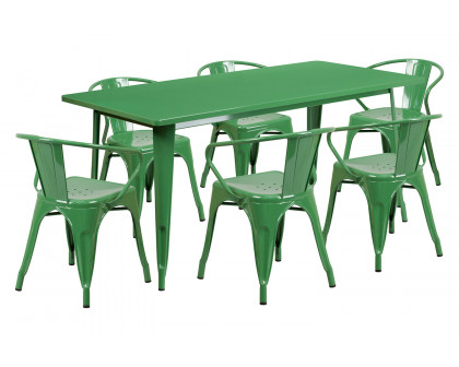 BLNK Oakley Commercial Rectangular Metal Indoor-Outdoor Table Set with 6 Arm Chairs - Green