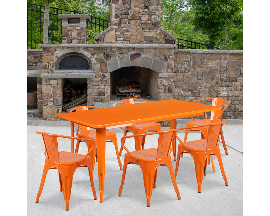 BLNK Oakley Commercial Rectangular Metal Indoor-Outdoor Table Set with 6 Arm Chairs - Orange