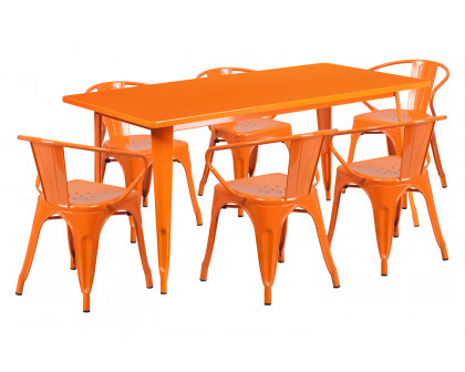 BLNK Oakley Commercial Rectangular Metal Indoor-Outdoor Table Set with 6 Arm Chairs - Orange