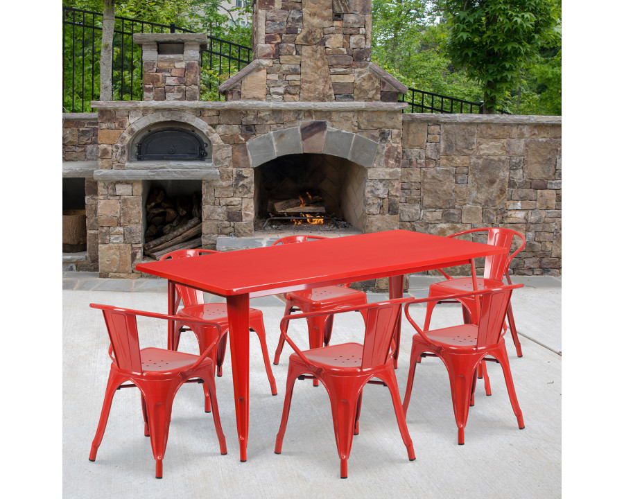 BLNK Oakley Commercial Rectangular Metal Indoor-Outdoor Table Set with 6 Arm Chairs - Red