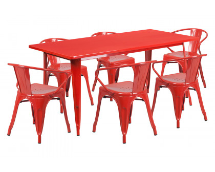 BLNK Oakley Commercial Rectangular Metal Indoor-Outdoor Table Set with 6 Arm Chairs - Red