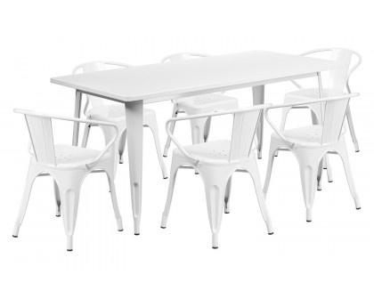 BLNK Oakley Commercial Rectangular Metal Indoor-Outdoor Table Set with 6 Arm Chairs - White