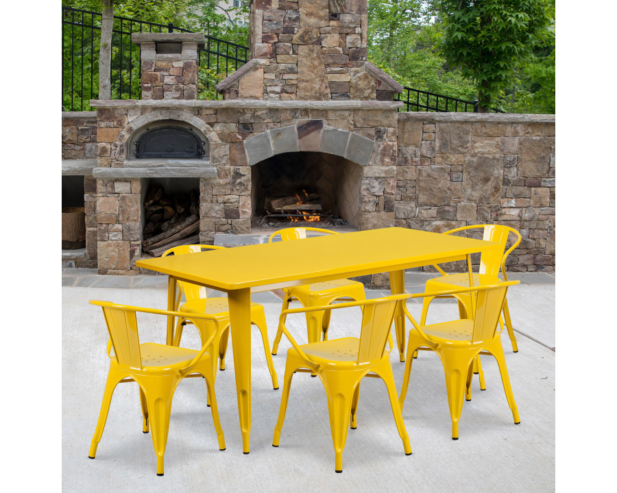 BLNK Oakley Commercial Rectangular Metal Indoor-Outdoor Table Set with 6 Arm Chairs - Yellow