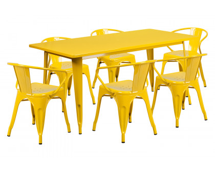 BLNK Oakley Commercial Rectangular Metal Indoor-Outdoor Table Set with 6 Arm Chairs - Yellow