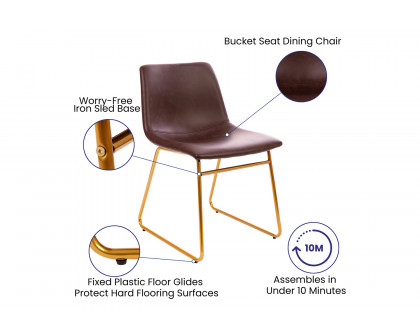 BLNK Butler LeatherSoft Table Height Dining Chair, Mid-Back Sled Base with Gold Frame Set of 2 - Dark Brown